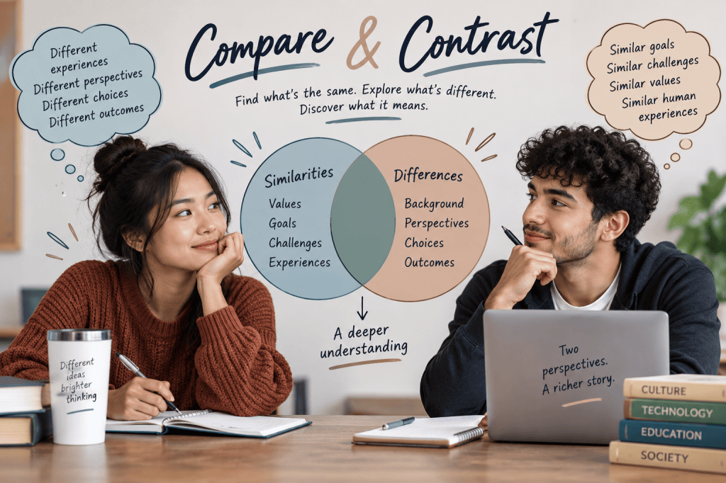 A female and male college student sit side by side and look over at each other. Each looks ready to work on schoolwork. The female has a writing pad in front of her; the male has a laptop in front of him. The words on the screen talk about comparing and contrasting and how it is about similarities and differences.