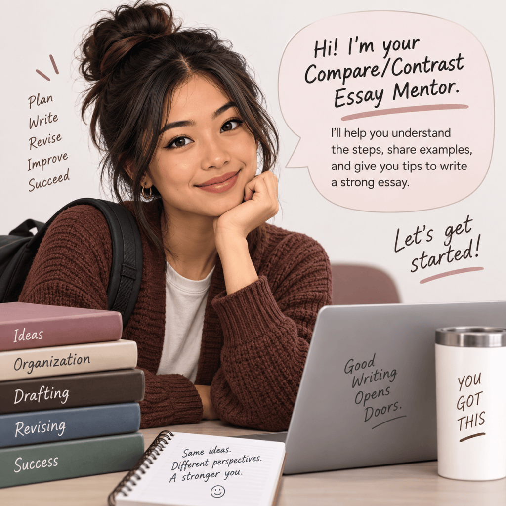 Asian female course mentor introduces herself as Tasha and says she will help learners through the paper assignment. Her hair is in a loose bun. She is wearing a white t-shirt and a brown sweater over it.