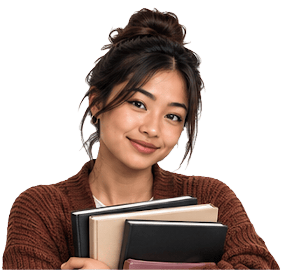 Tasha smiles at the camera and holds several school books.