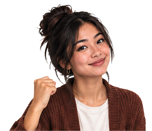 Tasha holds her fist up in a triumphant, supportive way.