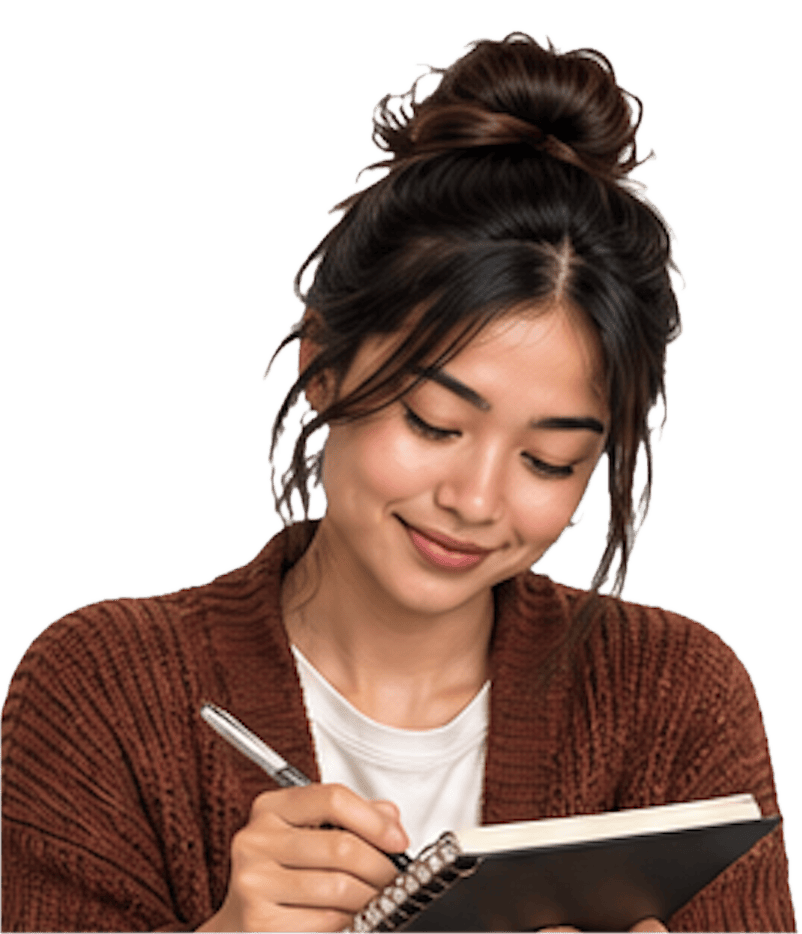 Tasha writing in a notebook